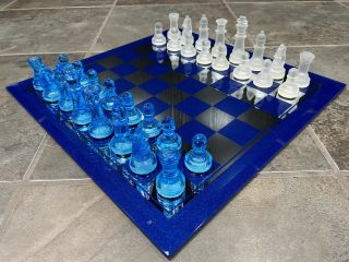 Blue Glass Chess Set With Blue Mirror Board Stylish