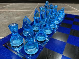 Blue Glass Chess Set With Blue Mirror Board Stylish 2