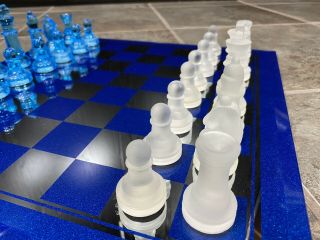 Blue Glass Chess Set With Blue Mirror Board Stylish 3