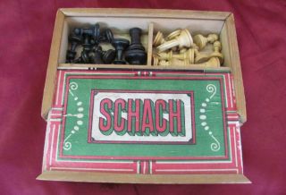 19c Antique German Wooden Chess Board Game Full Set