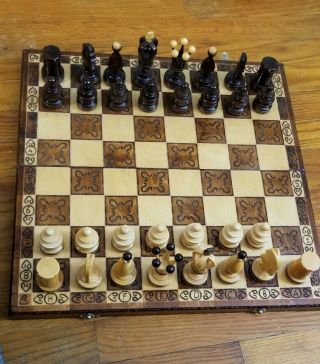 Hand Crafted Wood Set With Matching Stitched Board Chess Box.