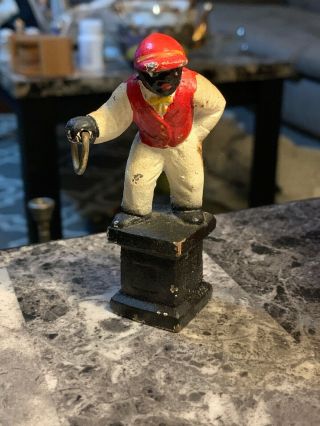 Miniature Cast Iron Black Jockey Lawn Figure 3 1/2 " - Hard To Find