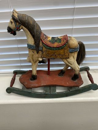 Antique Hand - Carved Wooden Rocking Horse Painted Vintage Pony.