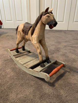 Vintage Hand Carved & Painted Wooden Rocking Horse 19 X 15