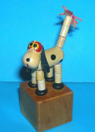 Vintage Japan Small Wood Spotty Dog Push Puppet Wakouwa Dancing Press Up Toy