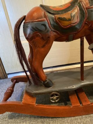 Antique Style Hand Carved And Painted Wooden Rocking Horse Pony Wheels & Saddle 2