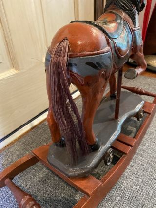 Antique Style Hand Carved And Painted Wooden Rocking Horse Pony Wheels & Saddle 3
