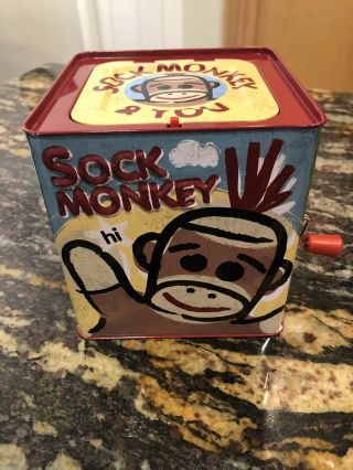 Schylling Sock Monkey Tin Jack In The Box Plays " Pop Goes The Weasel " 2008 Euc