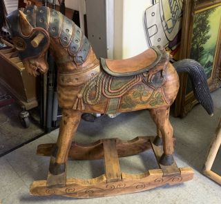 3ft Vintage Solid Wood Trojan Rocking Horse Hand Carved
