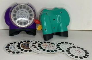 2002 Fisher Price Mattel Viewmaster Purple & Green,  13 3d Picture Viewing Reels