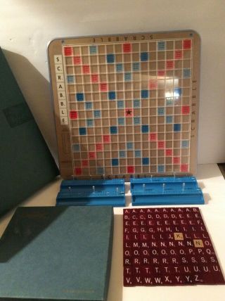 Vintage Scrabble Game Rotating Turntable Board Wood Tiles Complete