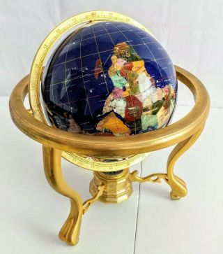 14 Inch Table Top Blue Lapis Ocean Gemstone World Globe Tripod Compass Stand