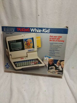 V - Tech Talking Whiz Kid 1987 Computer W/program Cards & Box Euc
