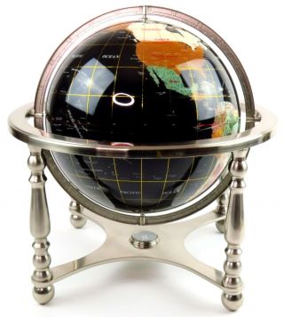 Black 12 " Diameter Semi - Precious Gem Stone World Globe Chrome Stand & Compass