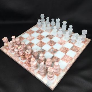 Pink And White Marble Chess Set 10 1/4”