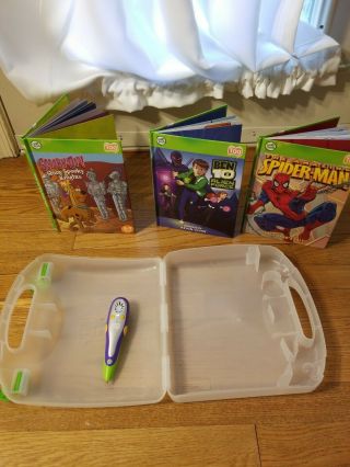 Leapfrog Tag Reader Pen,  Case,  And 3 Books Spiderman,  Ben Ten,  And Scooby Doo