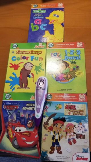 Leap Frog Tag Junior Reader Pen,  5 Books Disney Cars Jake Curious George Dora