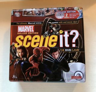 SCENE IT? Marvel Deluxe Edition DVD TRIVIA GAME Pre - own COMPLETE Metal Tin 2