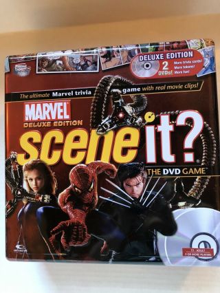 SCENE IT? Marvel Deluxe Edition DVD TRIVIA GAME Pre - own COMPLETE Metal Tin 3