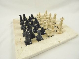 8 X 8 Inch Fossil White And Black Marble Chess Set With Maroon Velvet Gift Box