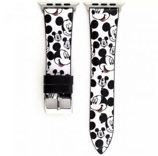 Disney Mickey Mouse Apple Watch Strap Leather Black And White With Silver Buckle