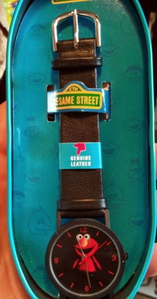 Sesame Street Elmo Watch Leather Band In Tin