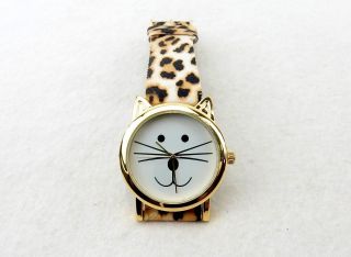 Cat Face Wrist Watch,  Gold Tone Case,  Faux Leather Animal Print Band,  L8100