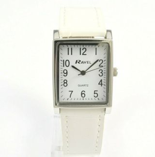 Ravel Ladies Or Mens Classic Watch With White Strap Clear White Rectangular Dial