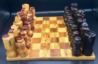 Vtg Antique Large Wooden Hand Turned Carved Chess Set Game Board Folk Art