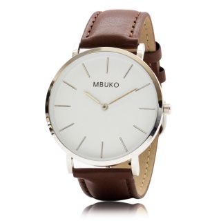 Mbuko Herren Uhr Braun Minimalistisch Leder Armband Weiß Schlicht Unisex