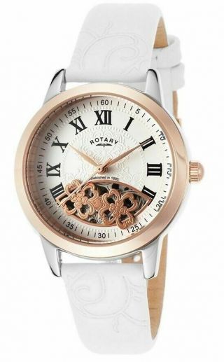 Rotary $695 Womens Rose Gold,  White Leather,  21 Jewels Automatic Watch Ls03732 - 06