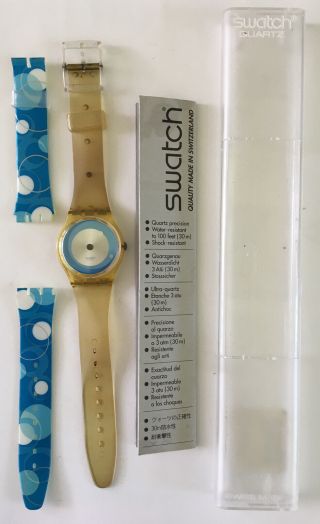 2002 Ladies Swatch Watch With Extra Band And Box Ge110 Mystery Dial Blue Circles