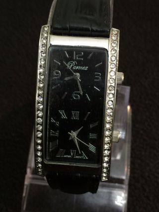 Parmex Watch Ladies Two Tone Time Zone Black Face Silver Dial Crystal Bezel.
