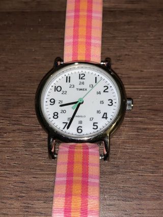 Women Timex Weekender Watch Indiglo Military Dial Pink Plaid Leather Band