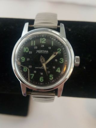 Vintage Mechanical Mortima Military Style Black Dial 21