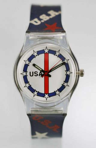 Usa Watch Unisex Red White Blue Plastic Water Resistant Easy Read Battery Quartz