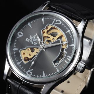 Skeleton Men Leather Strap Mechanical Fashion Business Automatic 12 Hours Watch