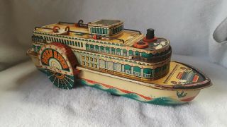 Tin Toy Boat,  Queen River Masudaya M - T Modern Toys Tin Litho Steamboat