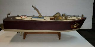 Vintage Battery Operated Wooden Toy Model Ski Boat.  With Stand.