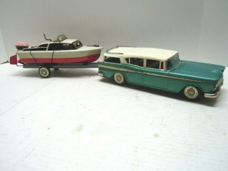 Lg Vintage 1964 Japan Bandai Tin Vacation Rambler Car,  Boat & Trailer.  A,