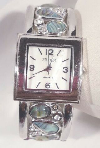 Women Studio Watch Std2755 Abalone Accent Bangle Band Silver Case White Mop Face