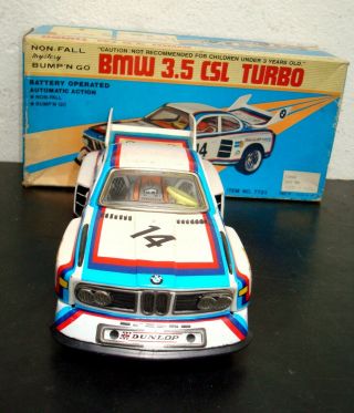 Vintage Taiyo Bmw 3.  5 Csl Turbo Race Car Tin Battery Toy Japan W/ Box