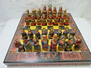 Chess Set Spanish Conquistador Aztec Mayan Folding Travel Board Box Vintage