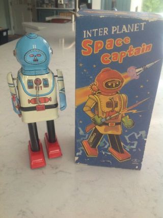Inter Planet Space Captain Robot Windup Japan T.  M.  N Box 9 " Tall