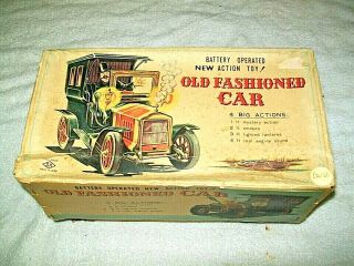 Vintage Tin Toy Battery Operated Old Fashioned Car W Box,  Made In Japan
