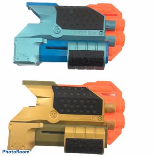 2x Lazer Tag Phoenix LTX Shotgun Blast Attachment Tiger Electronic Gold Blue 2