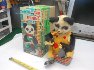 Battery Operated Smoking And Shoe Shining Panda Bear Tin Toy Box