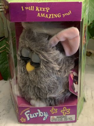 Vintage FURBY 1998 Gray & White With Pink Ears Blue Eyes Model 70 - 800 2