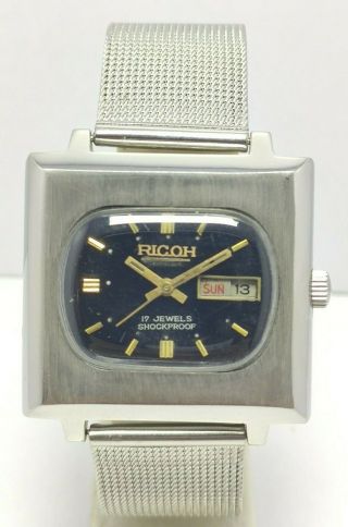 RARE VINTAGE JAPAN MADE RICOH DAY&DATE BLACK AUTOMATIC 21J WRIST WATCH FOR MEN ' S 2