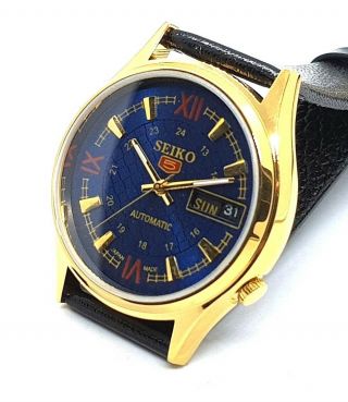 Seiko 5 Automatic Men,  S Gold Plated Blue Dial Vintage Japan Watch Run Order,